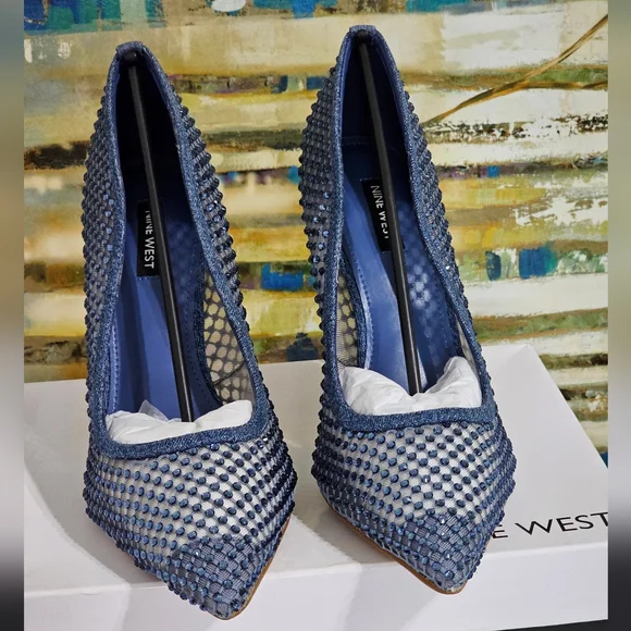 Nine West Freshe Denim Rhinestone Mesh Stiletto Pumps New Size 10 - Picture 15 of 16